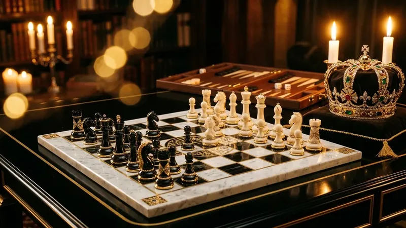 An ivory and onyx chess set on a marble board beside a backgammon case and a jewelled crown