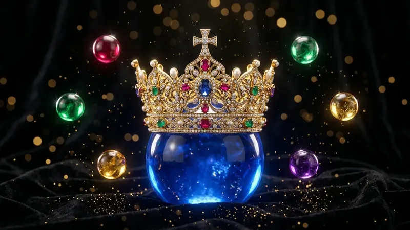 A jewelled crown resting on a glowing sapphire orb