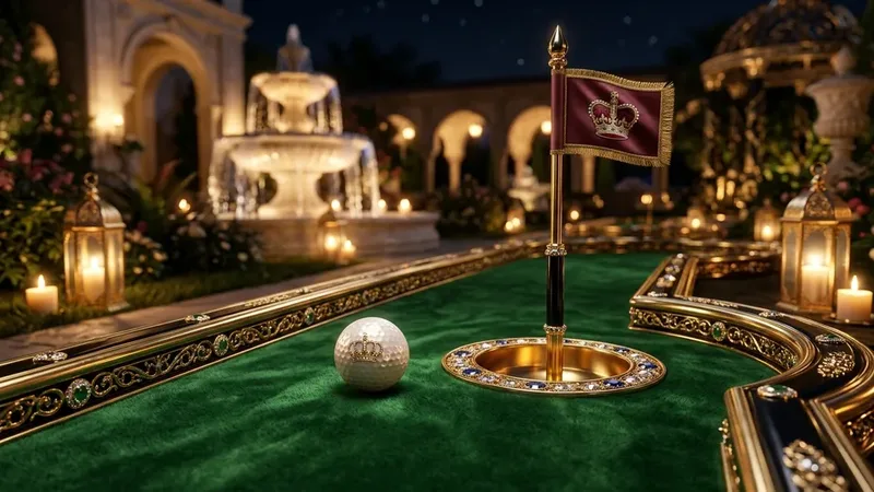 A pearl-white golf ball beside a gold cup on a velvet green in a palace garden at night