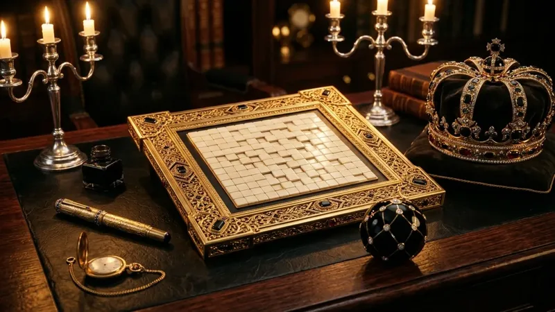 A gold-framed puzzle tablet and a jewelled crown on a candlelit desk