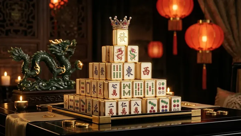 A pyramid of ivory mahjong tiles topped by a crown, with a jade dragon and red lanterns behind