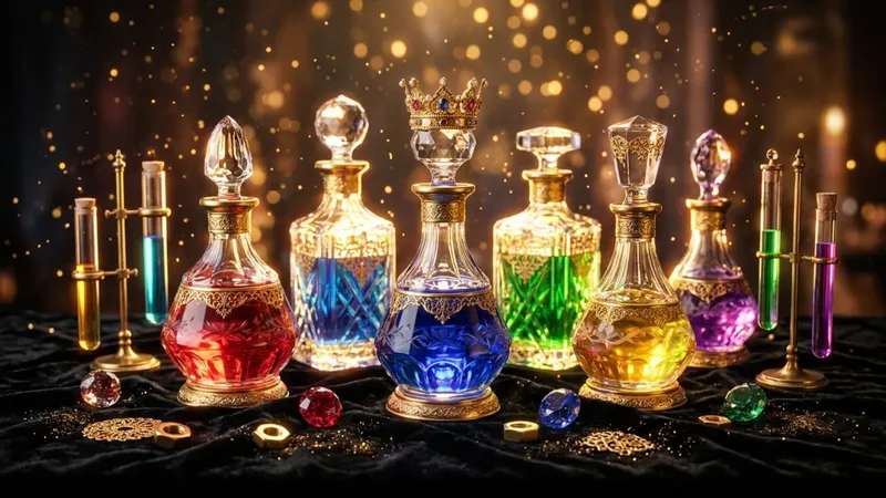 Crystal potion flasks filled with jewel-coloured liquids