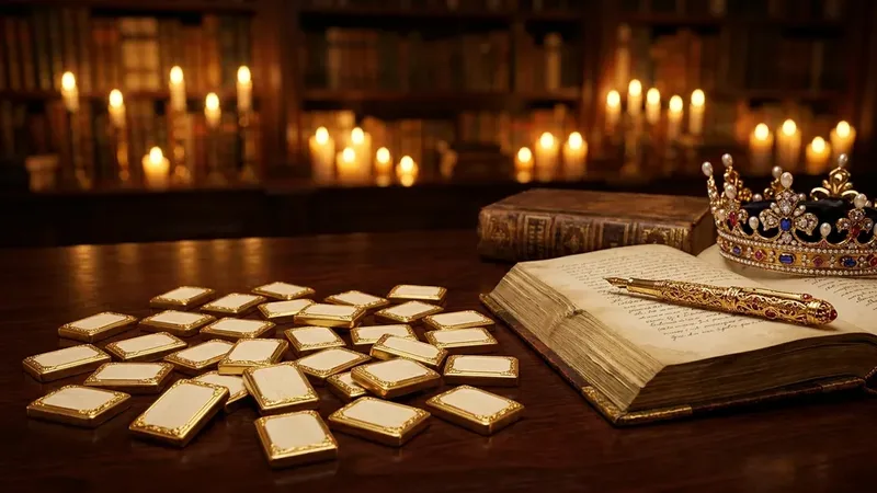 Ivory and gold letter tiles on a desk beside an antique book, a gold pen and a crown