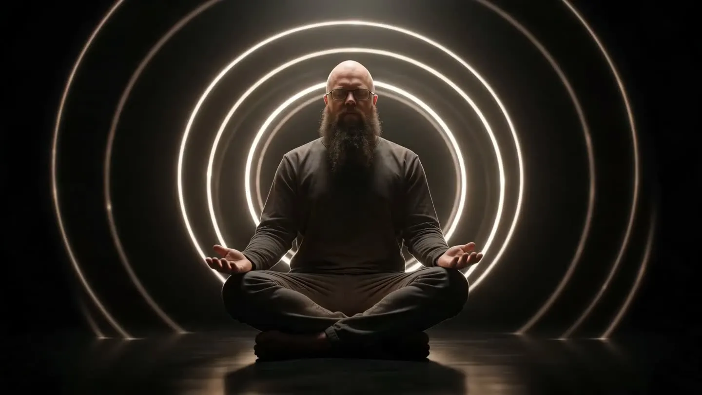 Kris levitating inside a tunnel of glowing rings — a creative motion study